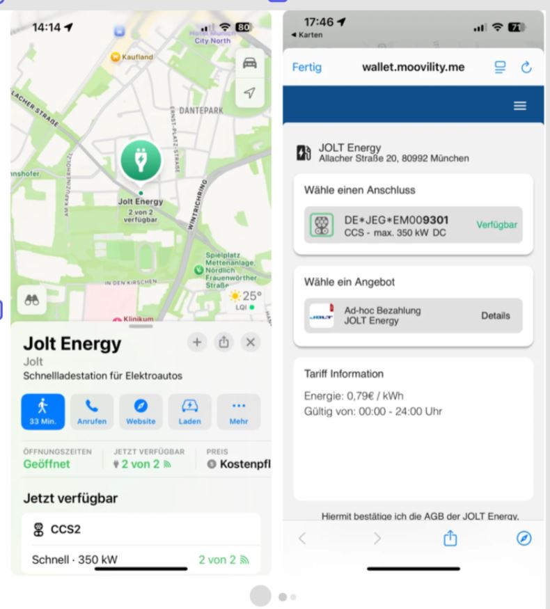 Geballtes Wissen 
Die Charging Wallet von Cirrantic zeigt auf Apple Maps nicht nur an, wo die Ladesäule steht und von wem sie betrieben wird. Auch die Kosten werden angezeigt und die maximale Ladeleistung. Und der Ladevorgang lässt sich von hier aus direkt starten. 