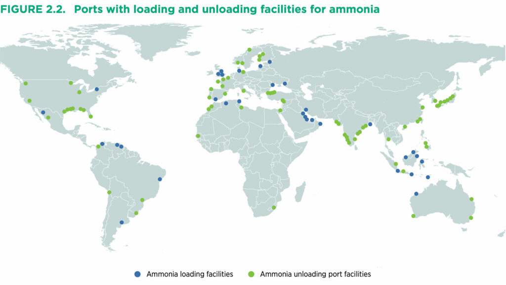 Ein Schiff wird kommen
Wo es heute schon Häfen mit Be- und Entlademöglichkeit für Ammoniak gibt. Grafik: IRENA