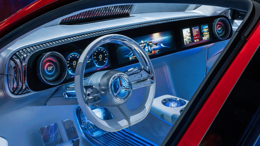 Knopffreie Zone 
Im Mercedes Concept CLA werden sämtliche Funktionen entweder per Sprachbefehl oder über Touchscreens gesteuert. 