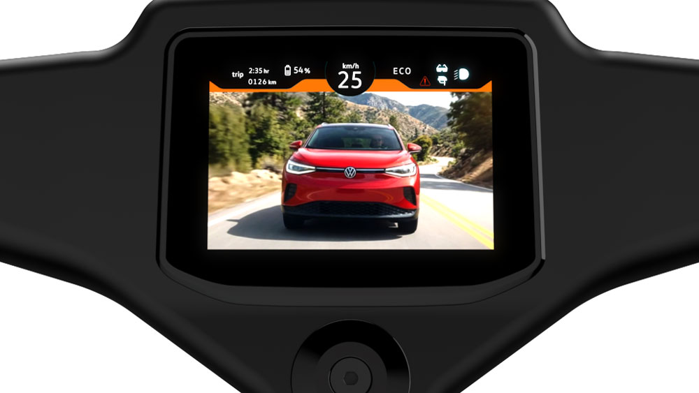 Volkswagen im Rückspiegel
Kernstück der Volkswagen eBikes ist das „Smart View“-System: Eine radargestützte Rückkamera liefert Livebilder in ein nahtlos in den Lenker integriertes HD-Display. Der obligatorische Blick über die Schulter beim Abbiegen erübrigt sich dadurch. 