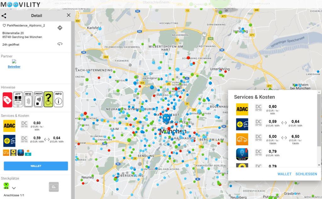 Erst vergleichen, dann laden 
Die Moovility-App zeigt punktgenau auf, wo aktuell Lademöglichkeiten für Elektroautos bestehen, wie hoch die maximale Ladeleistung dort ist - und welche Anbieter den Strom zu welchen Preisen anbieten. Die Unterschiede können gewaltig sein.    